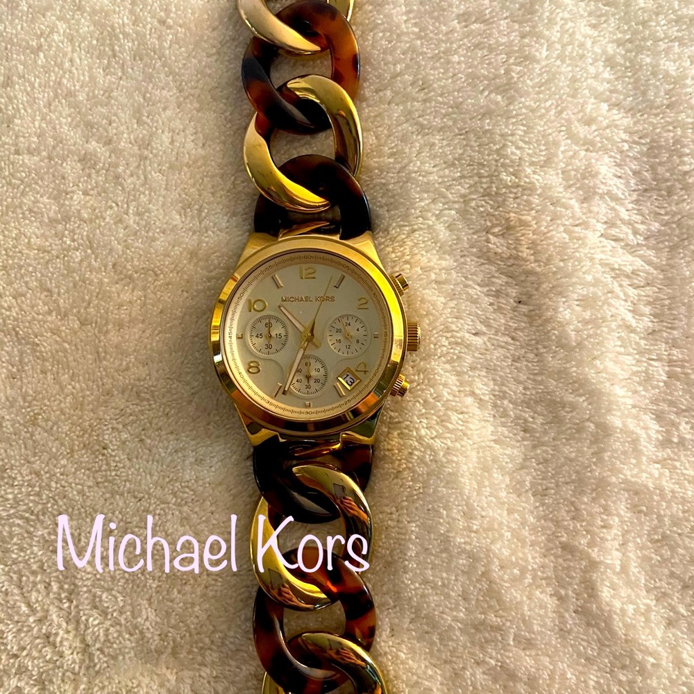 Michael Kors tortoise and gold braided watch band with round watch face